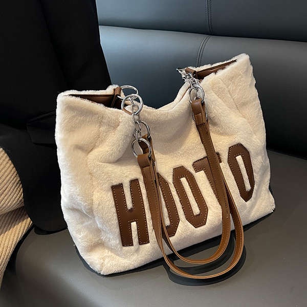 ♖High-grade large capacity fur bag for women 2022 new versatile letter plush one-shoulder tote bag for autumn and winter