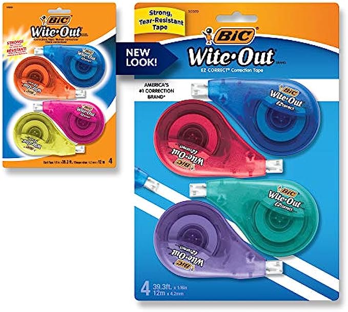 BIC Wite-Out Brand EZ Correct Correction Tape - Applies Dry, White, Clean &amp; Easy To Use, Tear-Resistant Tape, 4-Count, Dispenser colors may vary