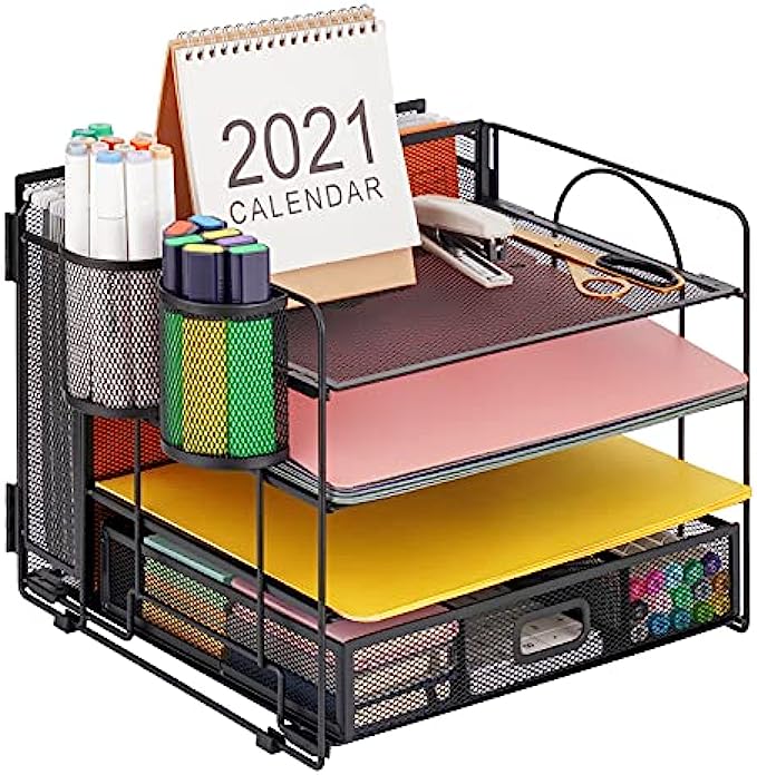 Marbrasse 4-Trays Desk File Organizer with 2 Pen Holder, Desktop Hanging File Holder with Drawer, Paper Letter Tray Organizer, Mesh Office Supplies Desk Paper Organizer for Home Office (Black)