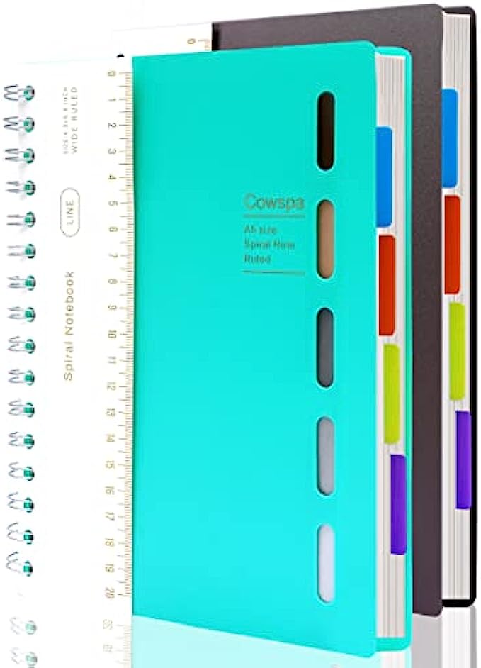 2 Pack 5 Subject Notebook Spiral Bound Journal Wide Ruled 7&quot;x 8.5&quot; Hardcover Spiral Notebook with Dividers A5 Lined Notebook for College Students Writing Journal School Office Supplies,Teal&