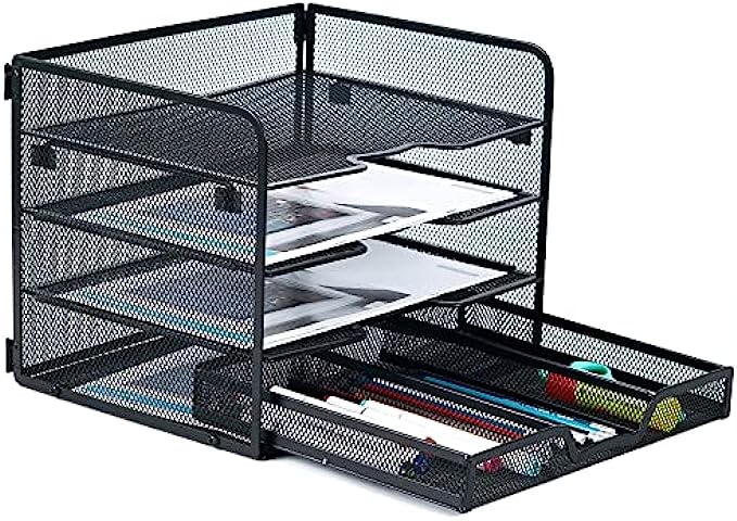 SETTFRFE 4-Tier Mesh Paper Letter Tray,Desk File Organizer with a Sliding Drawer,Office Supplies Desk Organizer for Home Office,Black.