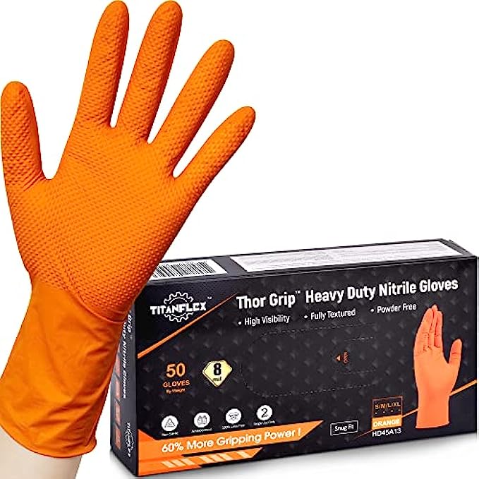 TitanFlex Thor Grip Heavy Duty Industrial Orange Nitrile Gloves with Raised Diamond Texture, 8-mil, Latex Free, 50-ct Box