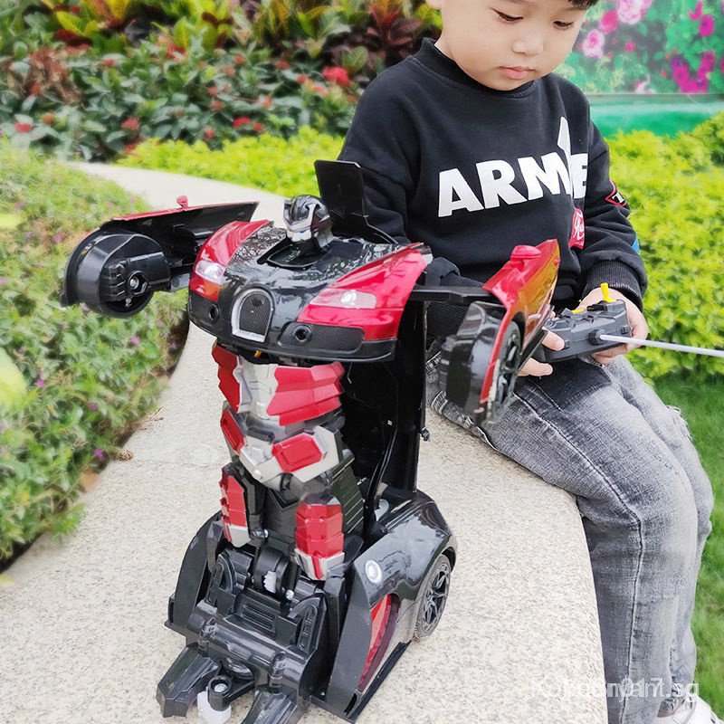 [kline]One-Click Transformer Remote Control Car Rechargeable Toy Car Bumblebee Police Car Children Toy Car-Transformation Car Robot Models Deformation Toys