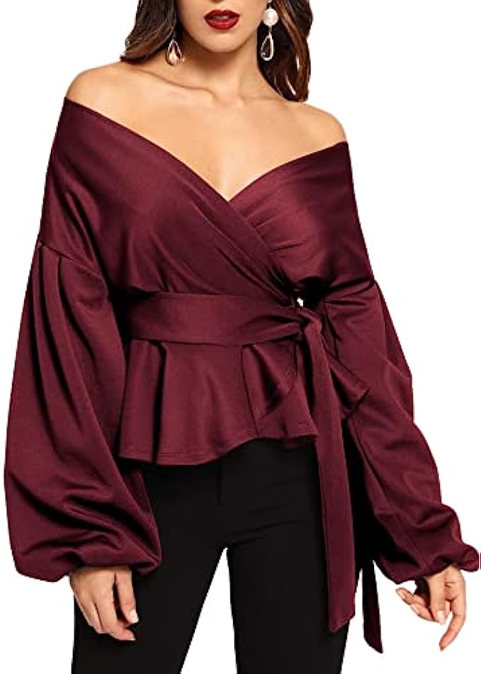 SheIn Women&#039;s Long Sleeve V Neck Ruffle Blouse Off Shoulder Tie Waist Wrap Tops
